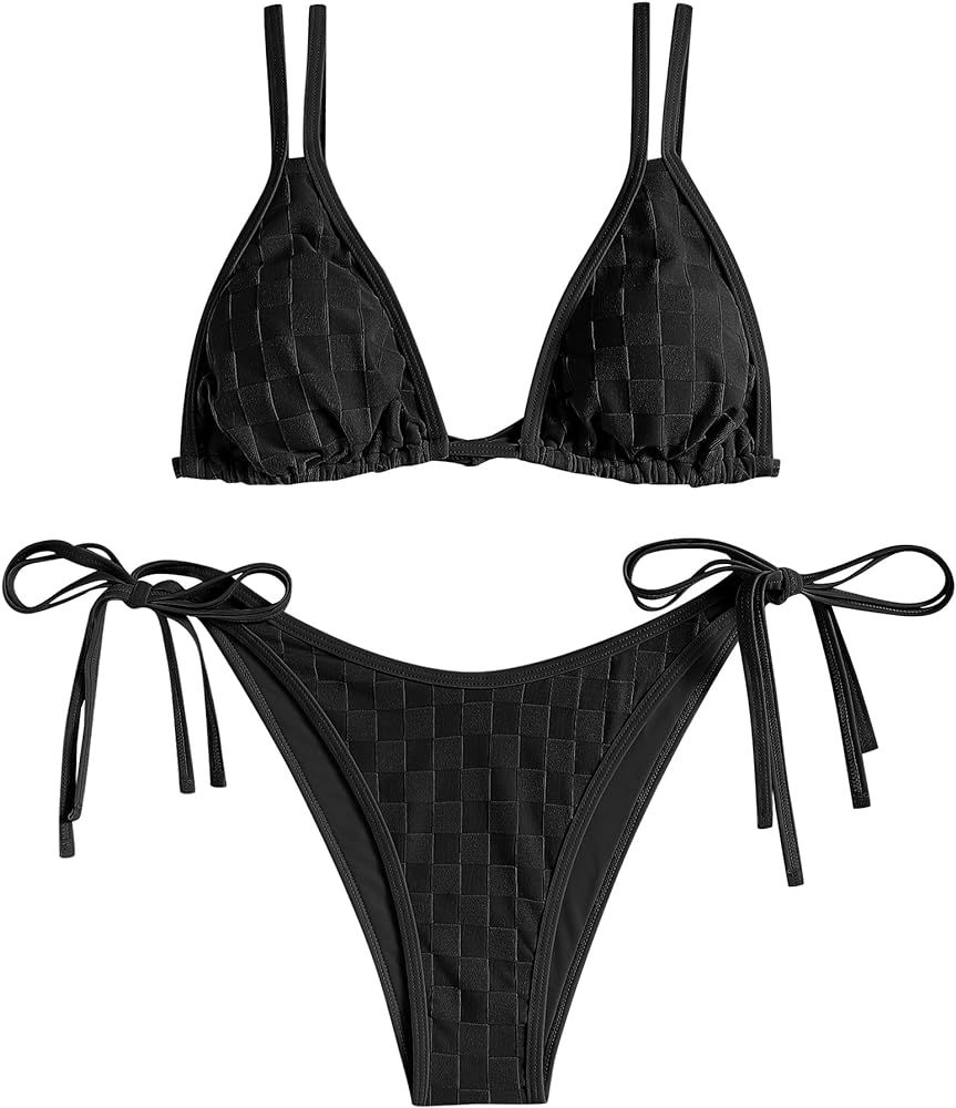 ZAFUL Bathing Suit Bikini Set - Checkered Swimwear Tie Side High Cut Thong Triangle Two Piece Swi... | Amazon (US)