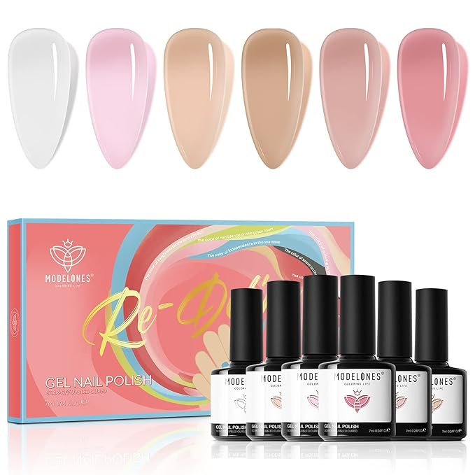 Modelones Jelly Gel Nail Polish Set, 6 Colors Transparent Jelly Gel Polish Kit Sheer Pink Nude Mi... | Amazon (US)