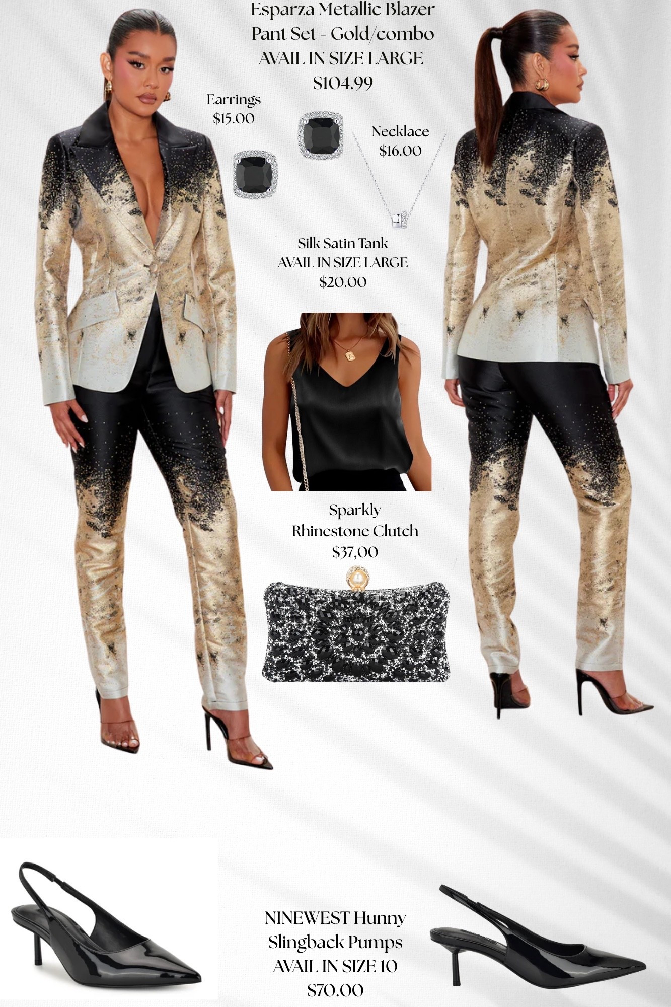 Birthday Blazer Pant Set from Fashion Nova✨ 
Black silk tank, accessories, black and gold handbag, and Nine West black pumps shop below! 

#LTKFindsUnder50 #LTKMidsize #LTKootd