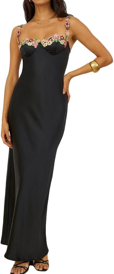 Sexy Satin Spaghetti Strap Floral Embroidered Maxi Dress for Women Sweetheart Neckline Backless S... | Amazon (US)