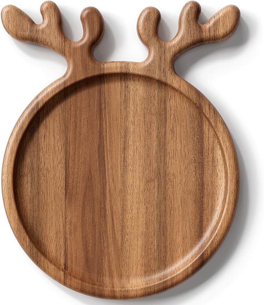 Dofira Acacia Wood Serving Platter, Decorative Deer Antler, 8" Round Wooden Food Dish Display Plate, | Amazon (US)