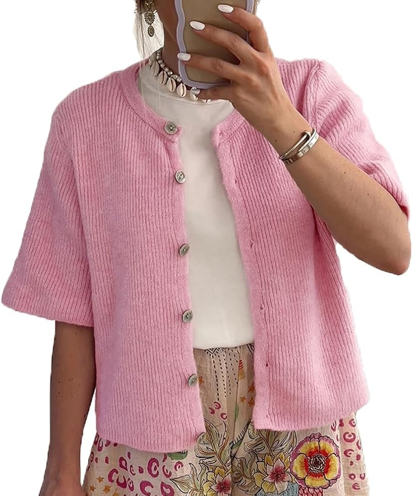 Women Casual Round Neck Short Sleeve Knit Cardigan Sweater Loose Fit Open Front Button Down Crop ... | Amazon (US)