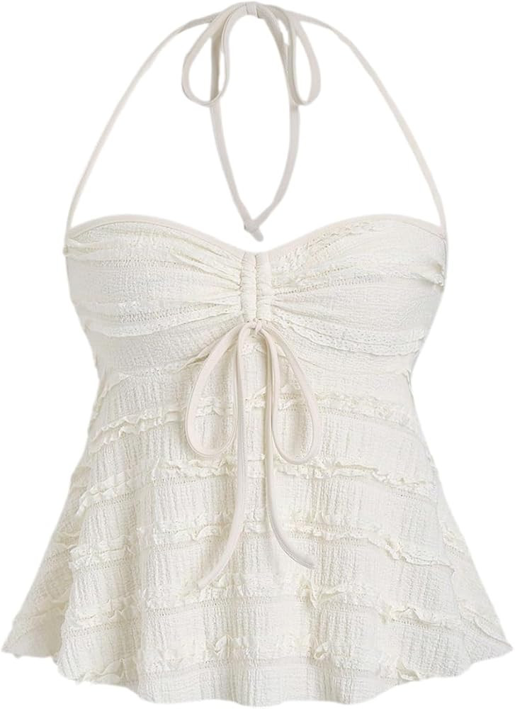 SOLY HUX Women's Peplum Halter Crop Tops Y2K Drawstring Tie Ruched Dressy Casual Spaghetti Strap ... | Amazon (US)