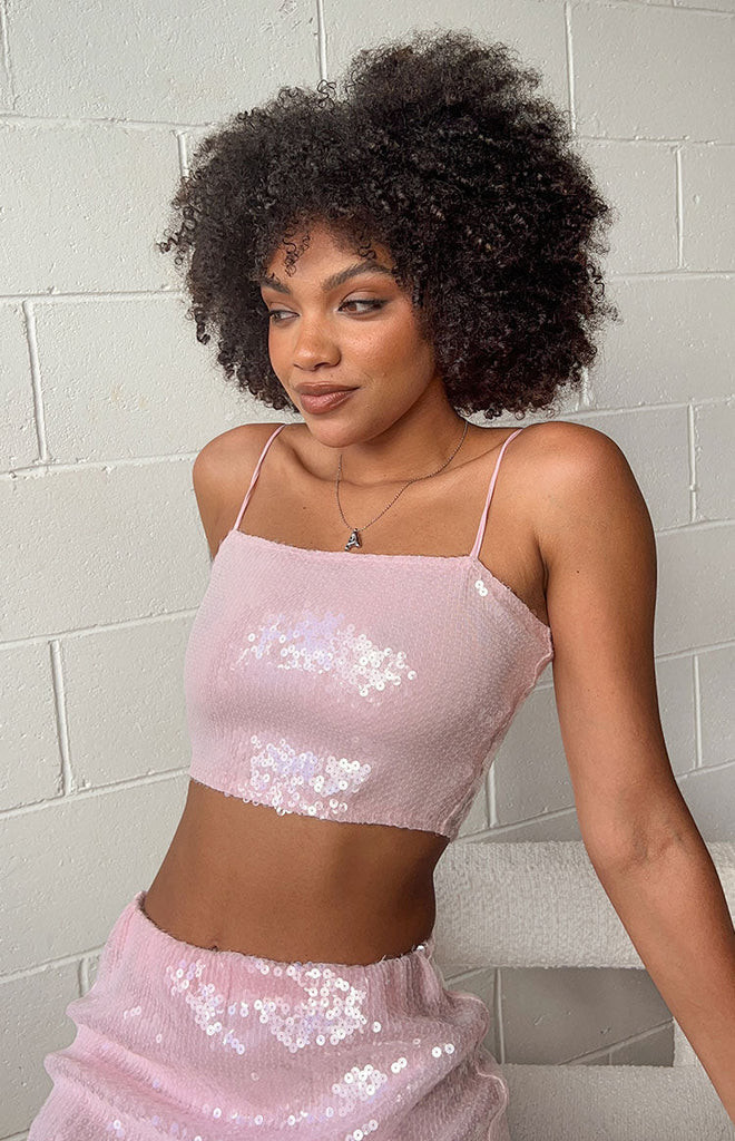 Bellah Pink Sequin Crop Top | Beginning Boutique (US)