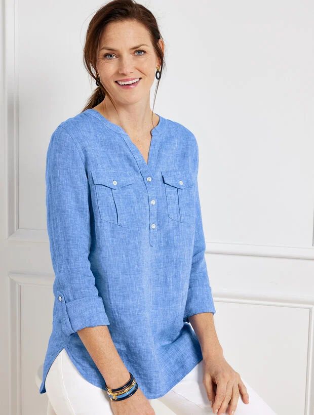 Linen Band Collar Popover - Cross Dye | Talbots