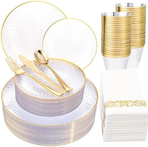 Rubtlamp 175 Pcs Plastic Dinnerware Set (25 Guests), Clear And Gold Plastic Plates, Hammered Part... | Amazon (US)