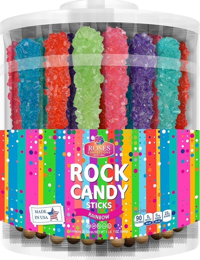 Roses Brands: Rainbow Rock Candy Sticks - 30 ct - Flavor Variety - Natural Cane Sugar - Kosher, N... | Amazon (US)