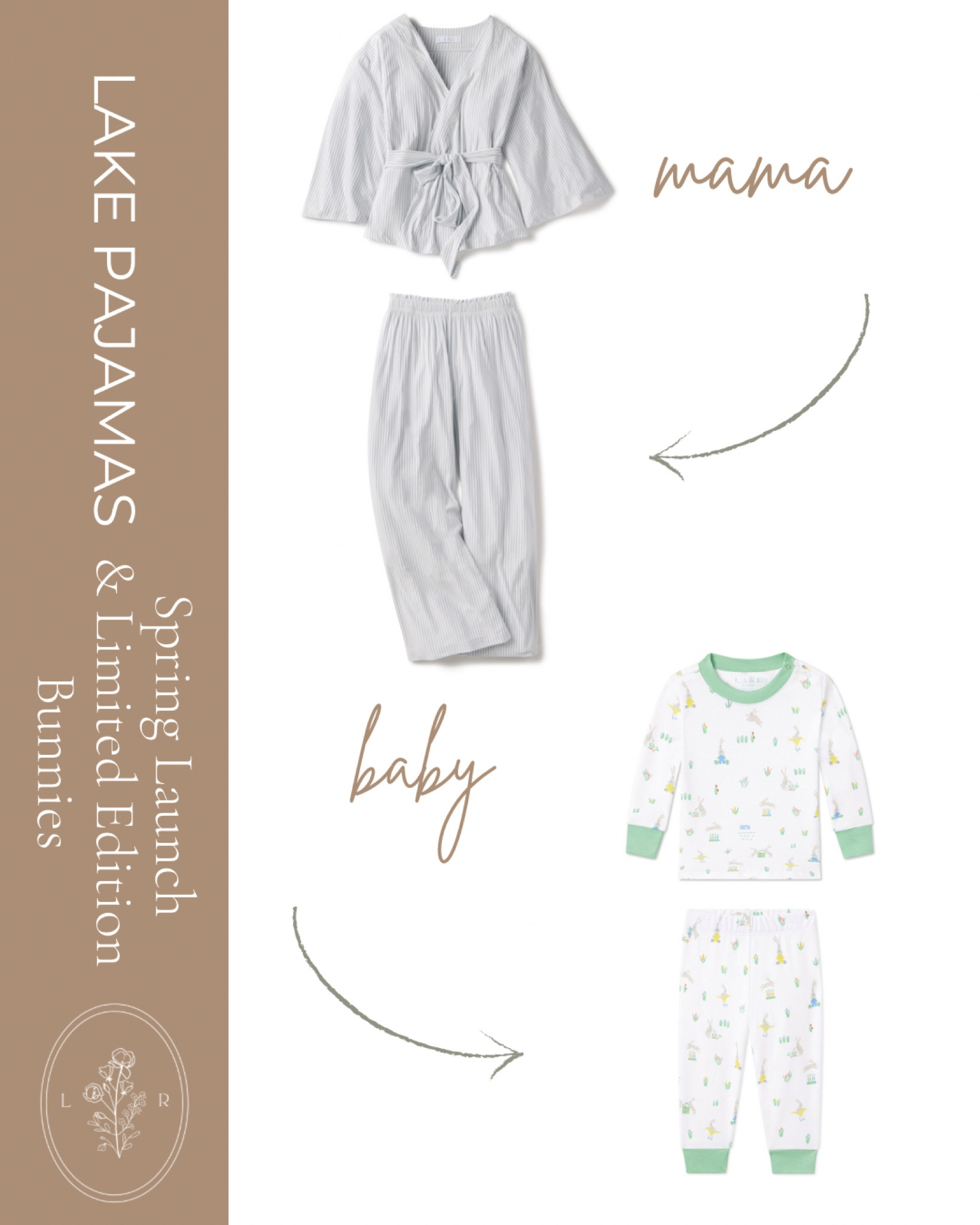LAKE pajamas spring launch with bunny print for easter 🐰 green striped kimono pajamas for mom and Easter bunny print matching set for baby and kids 

#LTKSeasonal #LTKfamily #LTKkids