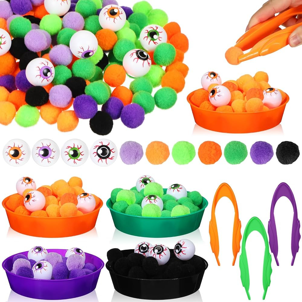 124 Pcs Halloween Fine Motor Skills Sensory Bin Filler Include 105 Small Pom Pom 12 Eyeball Decor... | Amazon (US)