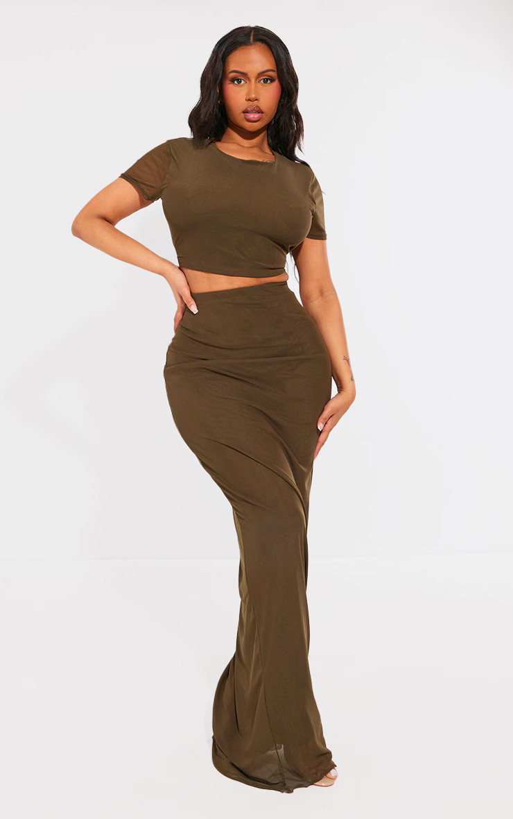 Shape Olive Mesh Printed Detail Maxi Skirt | PrettyLittleThing US
