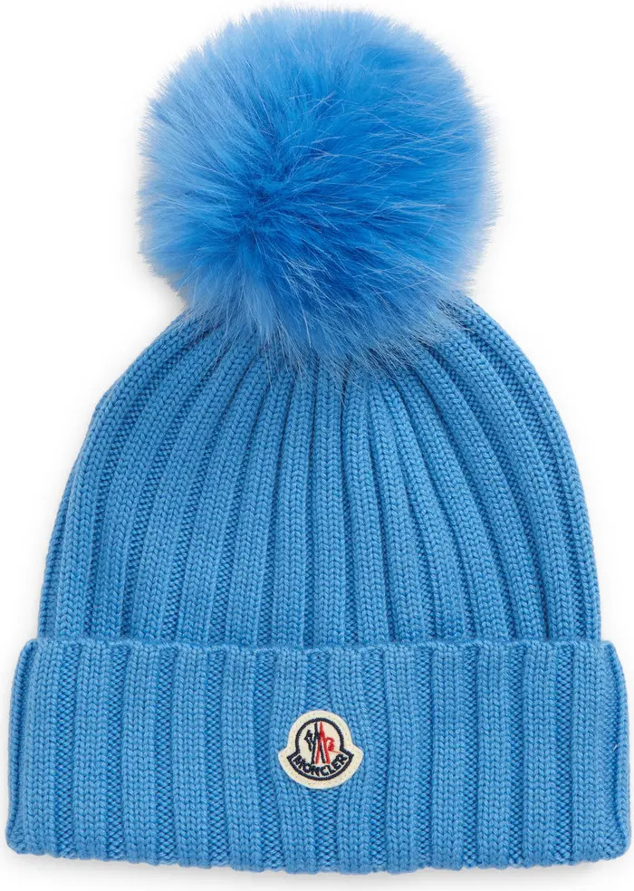 Moncler Wool Rib Beanie with Faux Fur Pompom | Nordstrom | Nordstrom