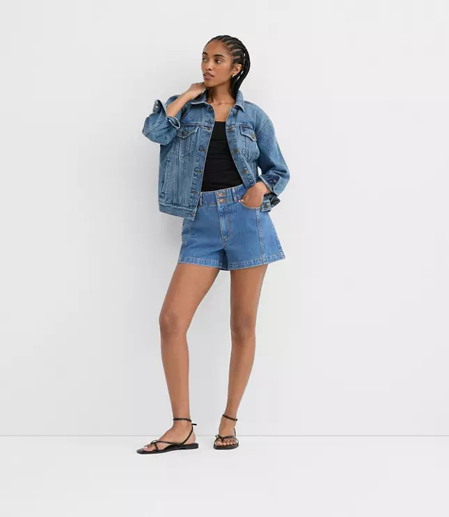 Rivete Petite Seamed High Rise Denim Shorts in Dark Wash | LOFT