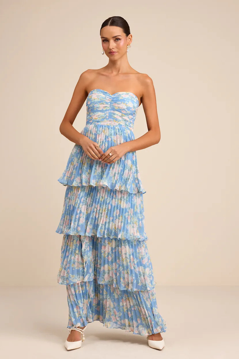 Seriously Sensational Blue Floral Strapless Tiered Maxi Dress | Lulus