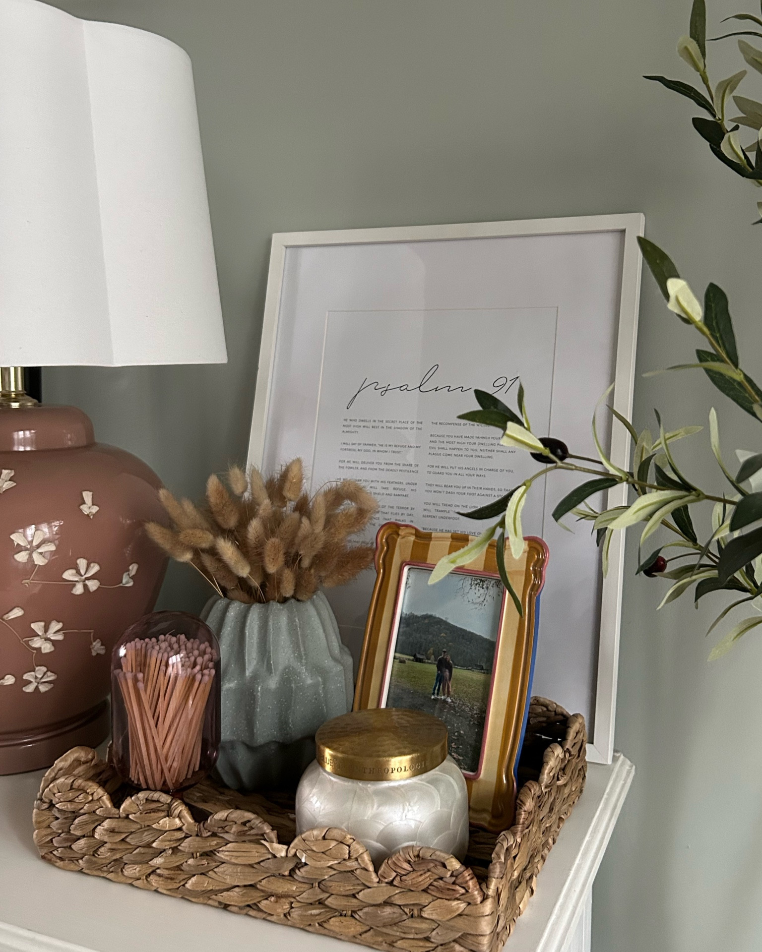 Bedroom nightstand styling.🕊️

My wall color: SW Contented
My lamp base is vintage! Couldn’t find the exact psalms 91 print that I purchased years ago on Etsy but linked several similar options below. Blue vase is from Athome couldn’t link. 

Anthropology home decor  nightstand styling master bedroom, primary suite, tray styling after Christmas decor

#LTKHome