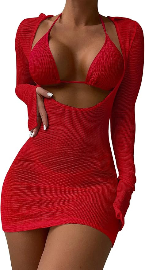 Lilosy Sexy Crochet Sheer Long Sleeve Cover Up Bikini Set Swim Bathing Suit Beach Dress 3 Piece | Amazon (US)