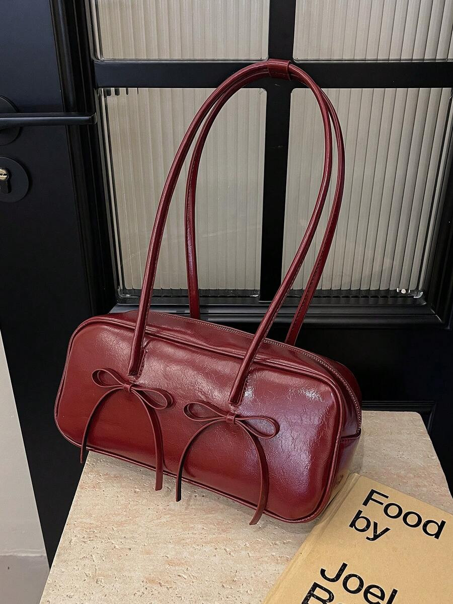 1pc Solid Color Bow PU Leather Handbag, Women's Vintage Fashion One Shoulder Bag With Dual Handle... | SHEIN