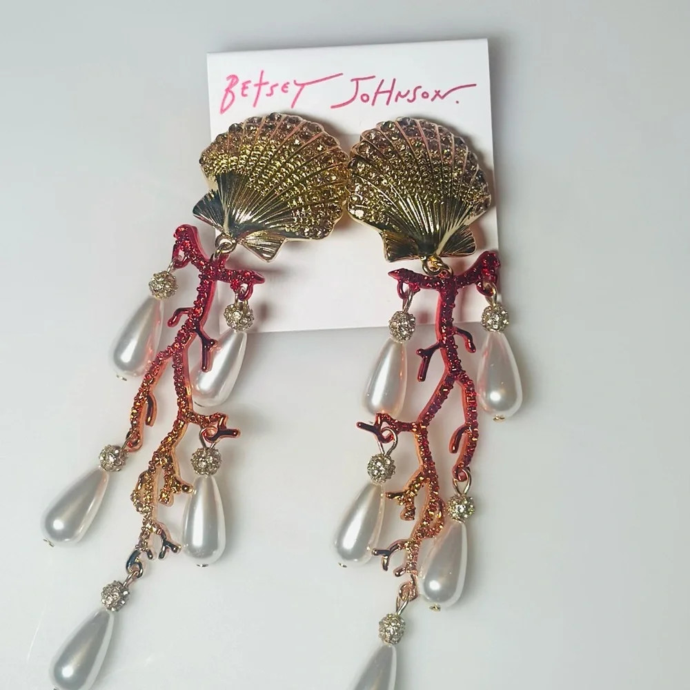 Betsey Johnson Earrings Dangle Crystal Shell Seashell Faux Pearl Gold Tone NEW | Poshmark