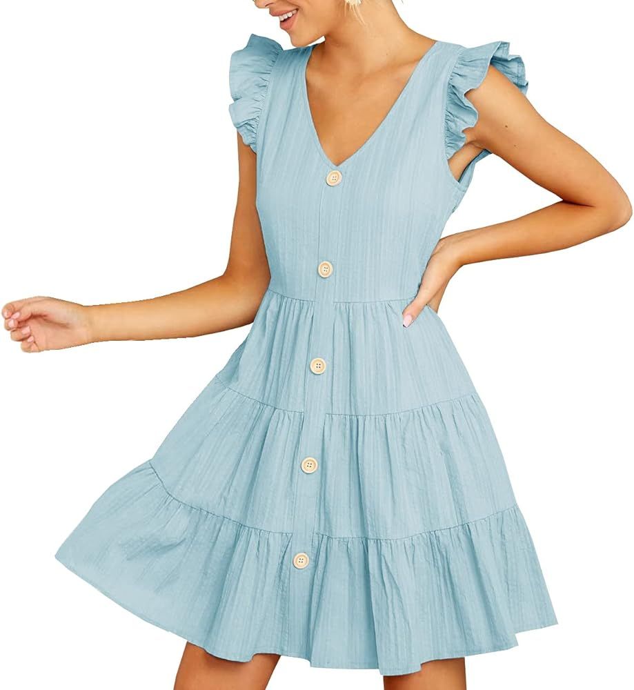 R.Vivimos Women's Summer Short Sleeve Cotton V Neck Buttons Ruffled Swing Mini Dress | Amazon (US)