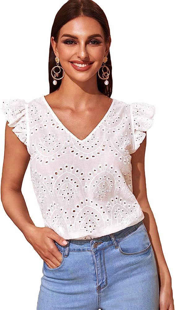 Floerns Women's V Neck Ruffle Cap Sleeve Eyelet Embroidery Blouse Tops | Amazon (US)