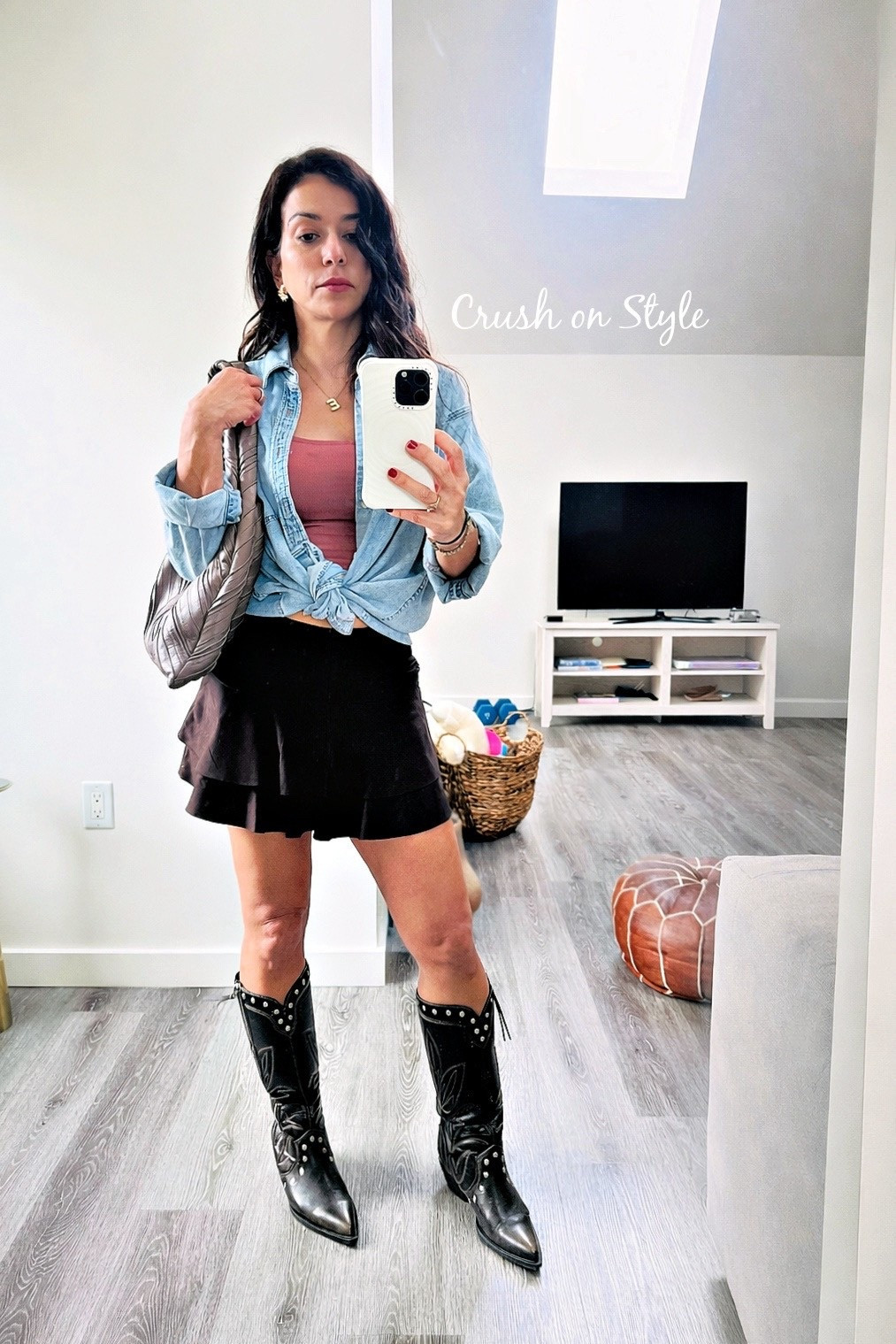 I love a casual outfit with skirt, western boots and a comfy denim shirt❤️I also love this everyday bag

#LTKdayinmylife #LTKootd #LTKSaleAlert