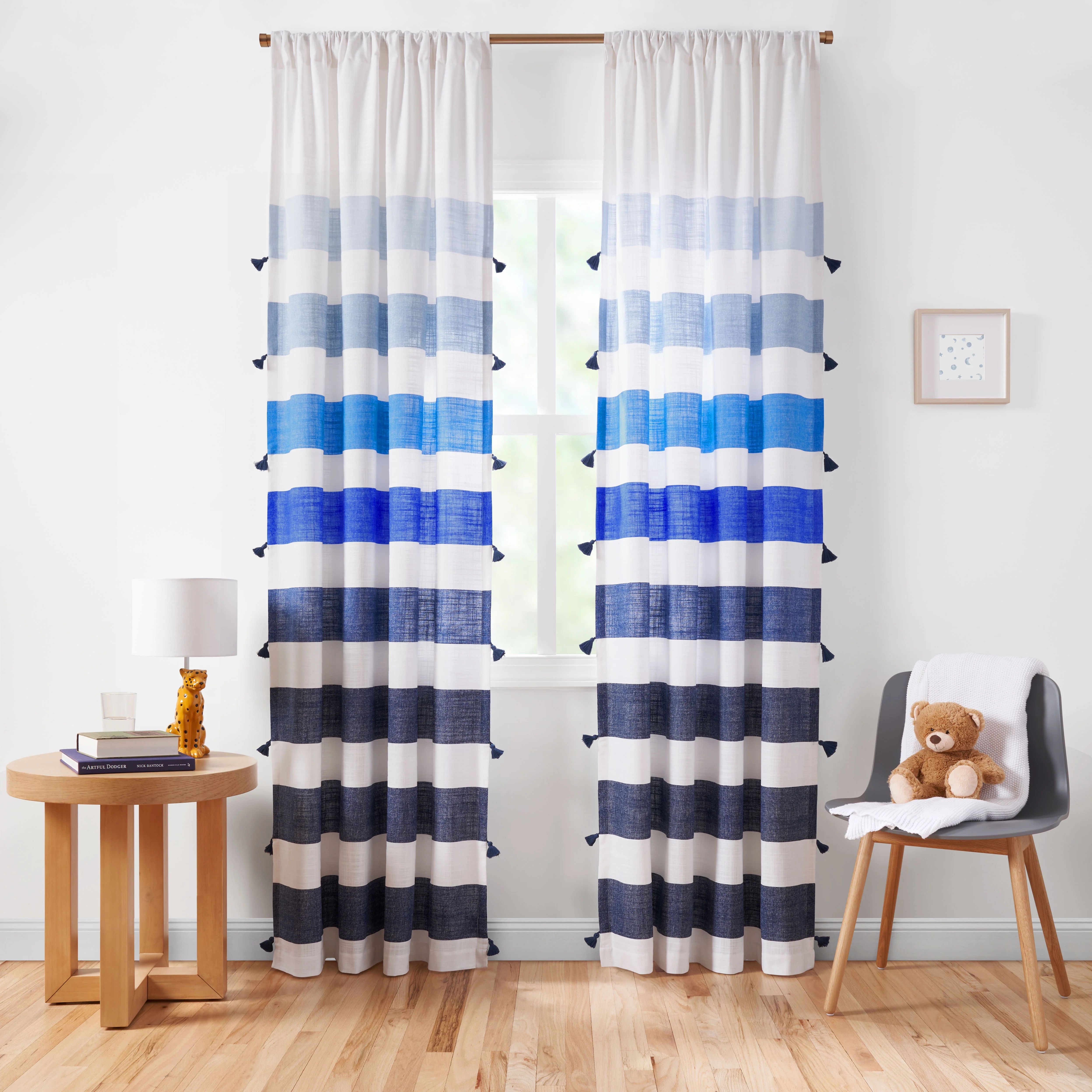 Gap Home Kids Chambray Ombre Stripe with Tassels Organic Cotton Semi-Sheer Window Curtain Pair, B... | Walmart (US)