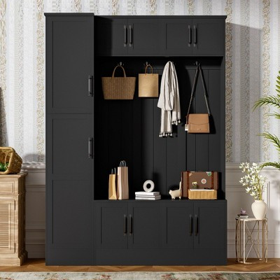 Okak 79IN Modern Hall Tree with 6 Cabinets and 4 Coat Hooks, Coat Rack with Shoe Storage Bench and Adjustable Shelf for Hallway, Living Room, Black | Target