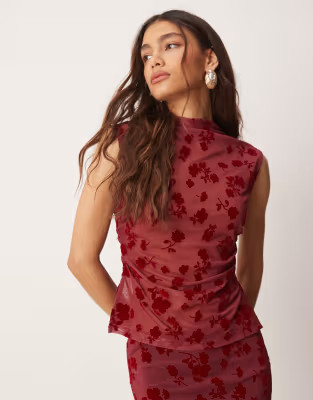 ASOS DESIGN ruched side high neck flocked mesh co ord top in red | ASOS (Global)