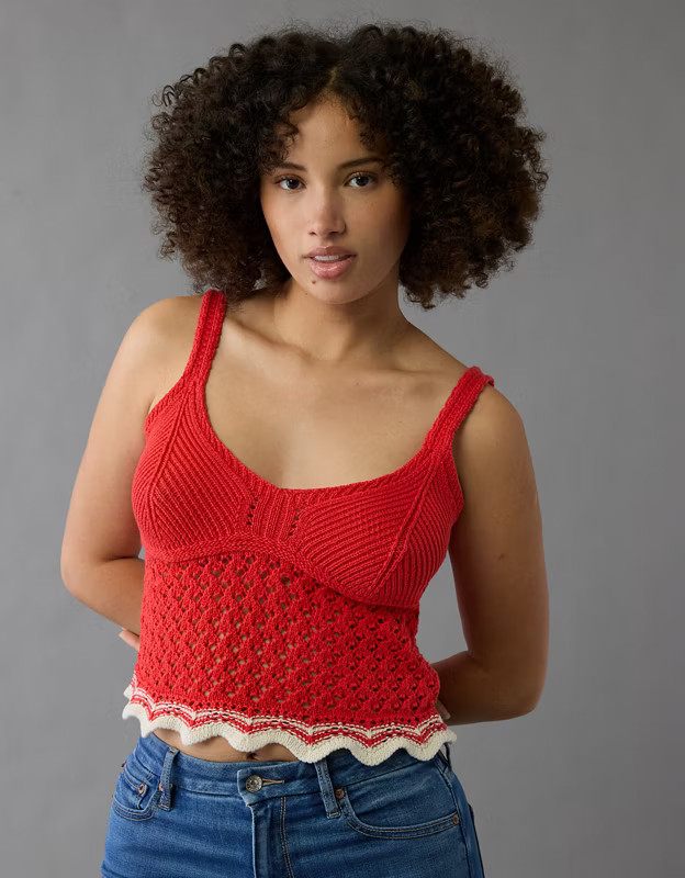 AE V-Neck Pointelle Scalloped Crochet Tank Top | American Eagle Outfitters (US & CA)