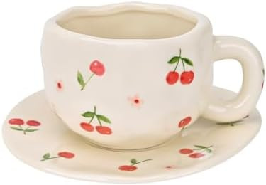 Koythin Ceramic Coffee Mug with Saucer Set, Creative Cute Cherry Cup Unique Irregular Design for ... | Amazon (US)