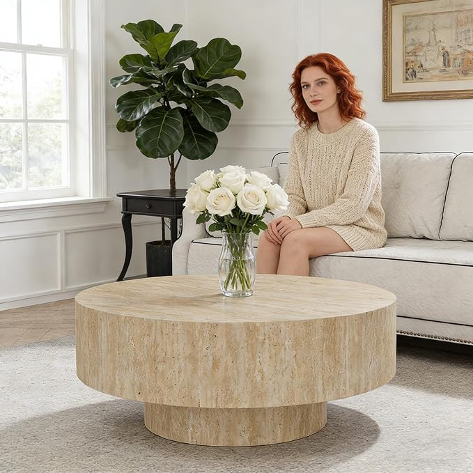 Rustic Round Drum Coffee Table for Living Room, Contemporary Minimalist Chipboard Wood Center Tab... | Amazon (US)