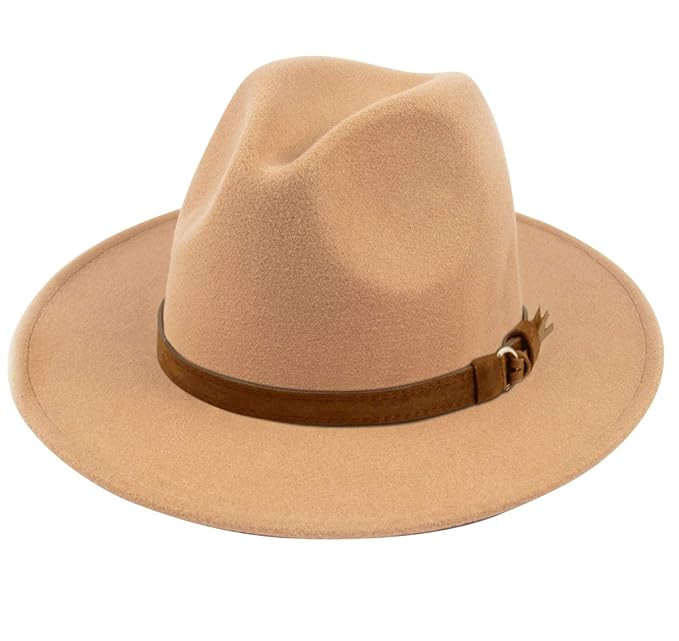 Lanzom Womens Classic Wide Brim Floppy Panama Hat Belt Buckle Wool Fedora Hat | Amazon (US)