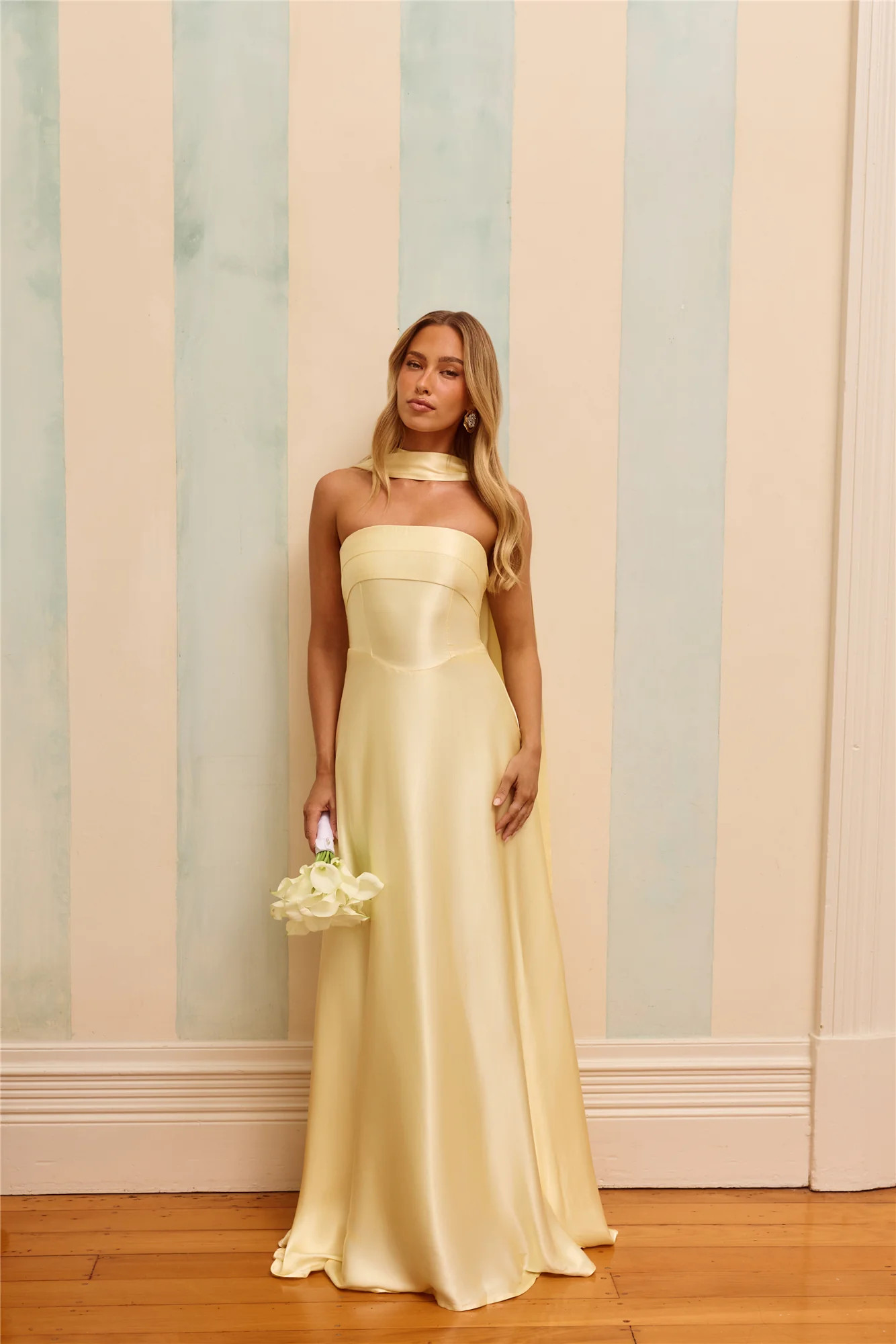 The Serina Strapless Satin Maxi Dress Yellow | Hello Molly (US)