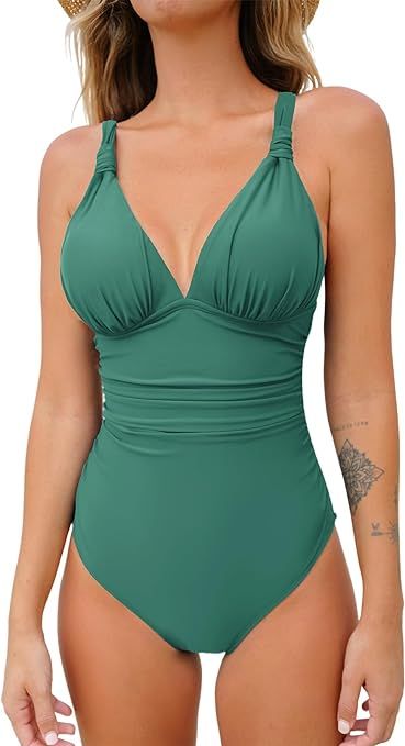 CUPSHE Women One Piece Swimsuit Deep V Neck Tummy Control Ruched V Back Classic Bathing Suits | Amazon (US)