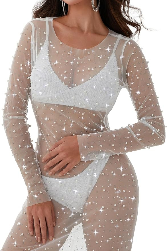 Womens Pearl Dress Mesh Sparkly Rhinestone Dress Cover Up | Amazon (US)