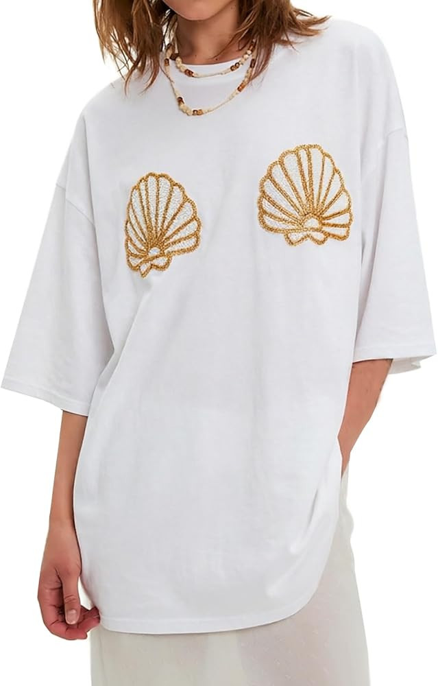 Womens Beaded Seashell Oversized Graphic Tee Shirts Y2k Vintage Beachy Baggy T Shirt Summer Coast... | Amazon (US)