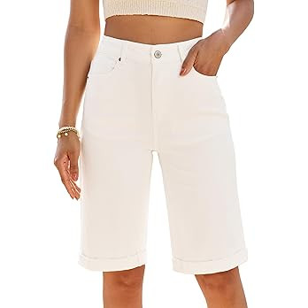 luvamia Bermuda Jean Shorts for Women Knee Length High Waisted Rolled Hem Casual Summer 12'' Inse... | Amazon (US)