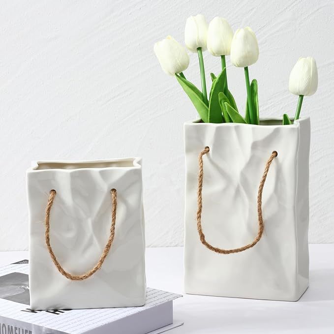 Fixwal Paper Bag Vase White Ceramic Vase Irregular Paper Bag Shape Set of 2 Home Decoration Aesth... | Amazon (US)