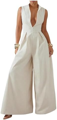 SOLY HUX Women's Zipper Front Wide Leg Jumpsuit Summer Mock Neck Sleeveless Elegant Romper | Amazon (US)