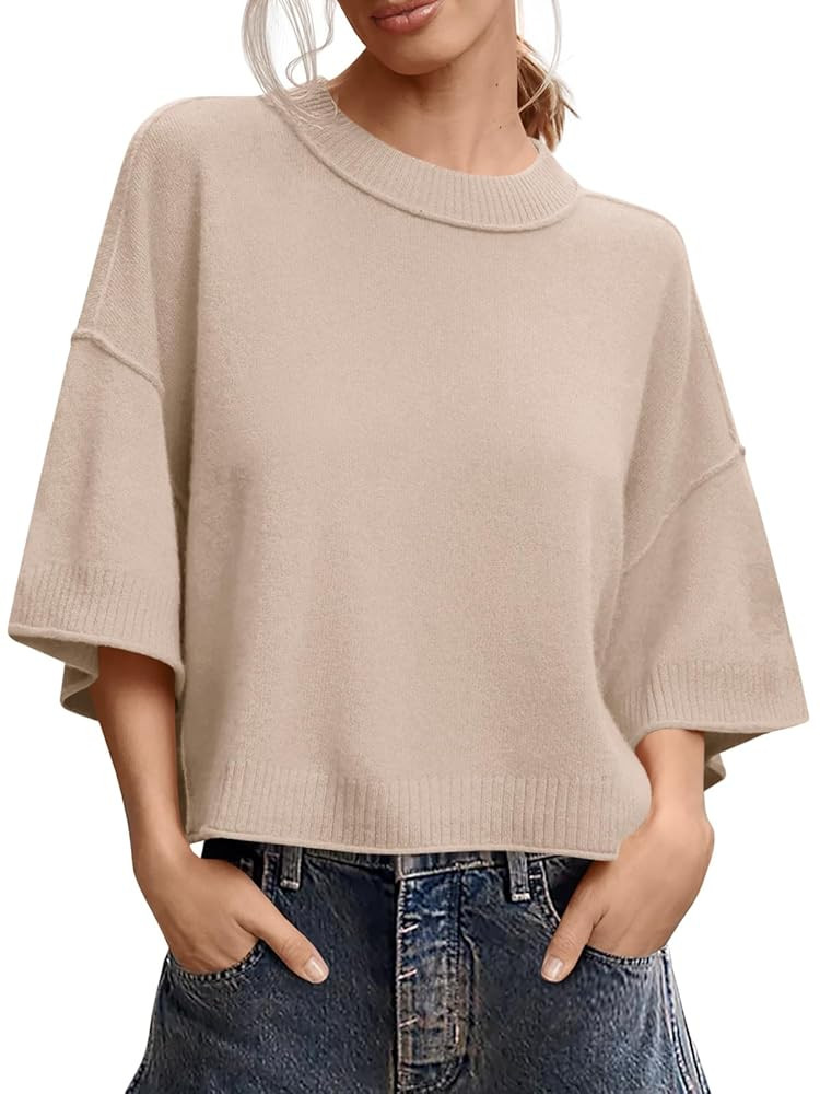Saodimallsu Womens Short Sleeve Sweater Summer Oversized Cropped Sweaters Casual Crewneck Lightwe... | Amazon (US)
