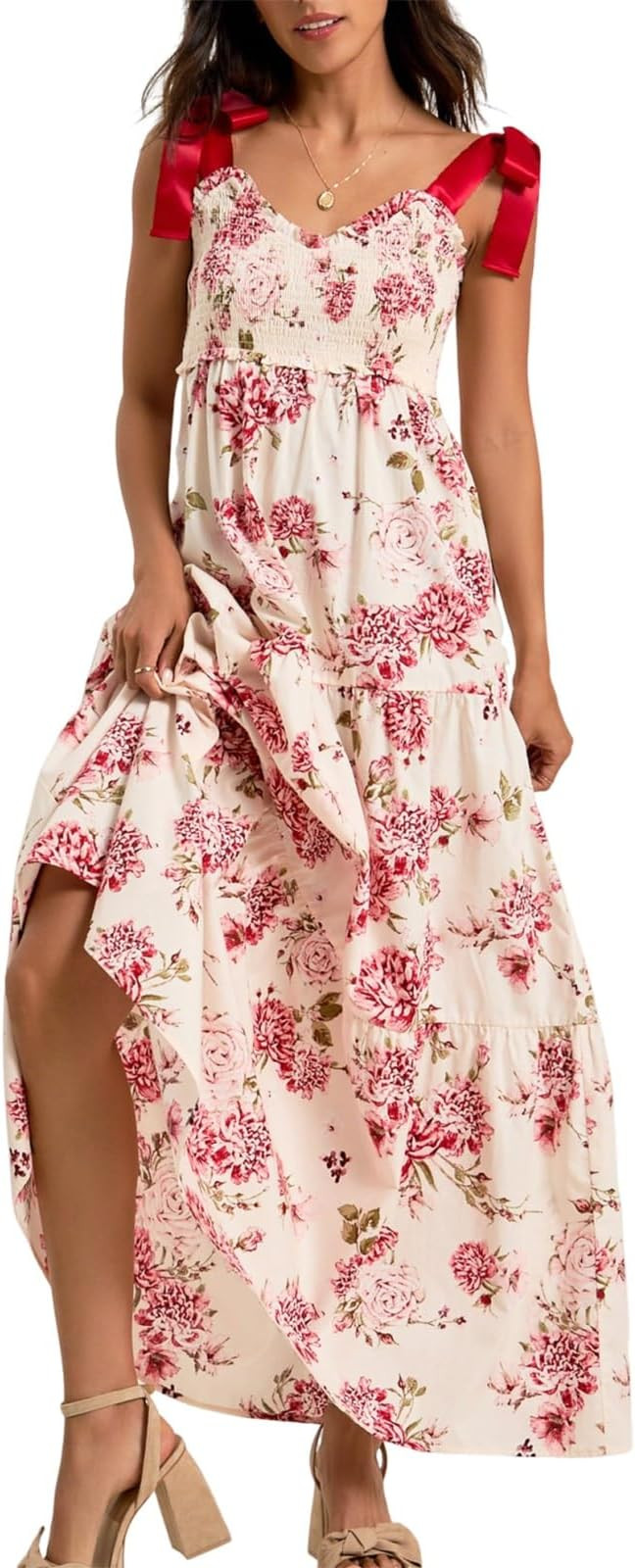 Aopwsrlyi Women's Floral Print Boho Maxi Dress Sleeveless V Neck Smocked Tiered Long Dress Tie Sh... | Amazon (US)