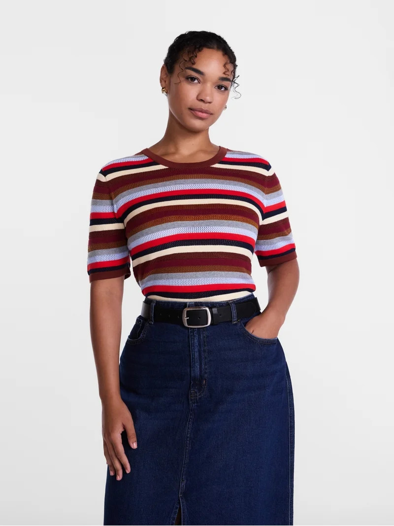 Scenario Women's and Women's Plus Stripe Sweater with Short Sleeves, Sizes XS-4X | Walmart (US)