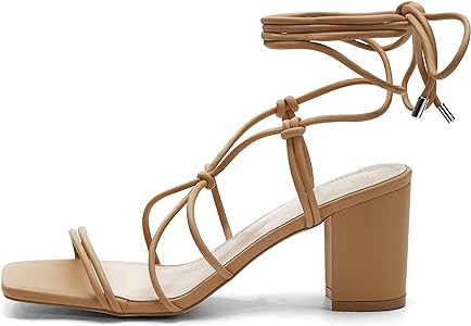 Coutgo Women's Chunky Heel Sandals Lace Up Heels Square Toe Strappy Straps Party Shoes | Amazon (US)