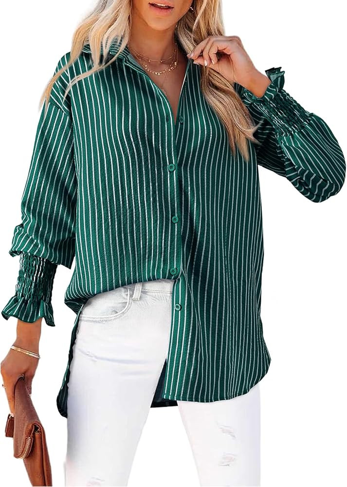 Women's Striped Button Down Shirts Long Sleeve Smocked Cuffed Oversized Boyfriend Blouses Collare... | Amazon (US)