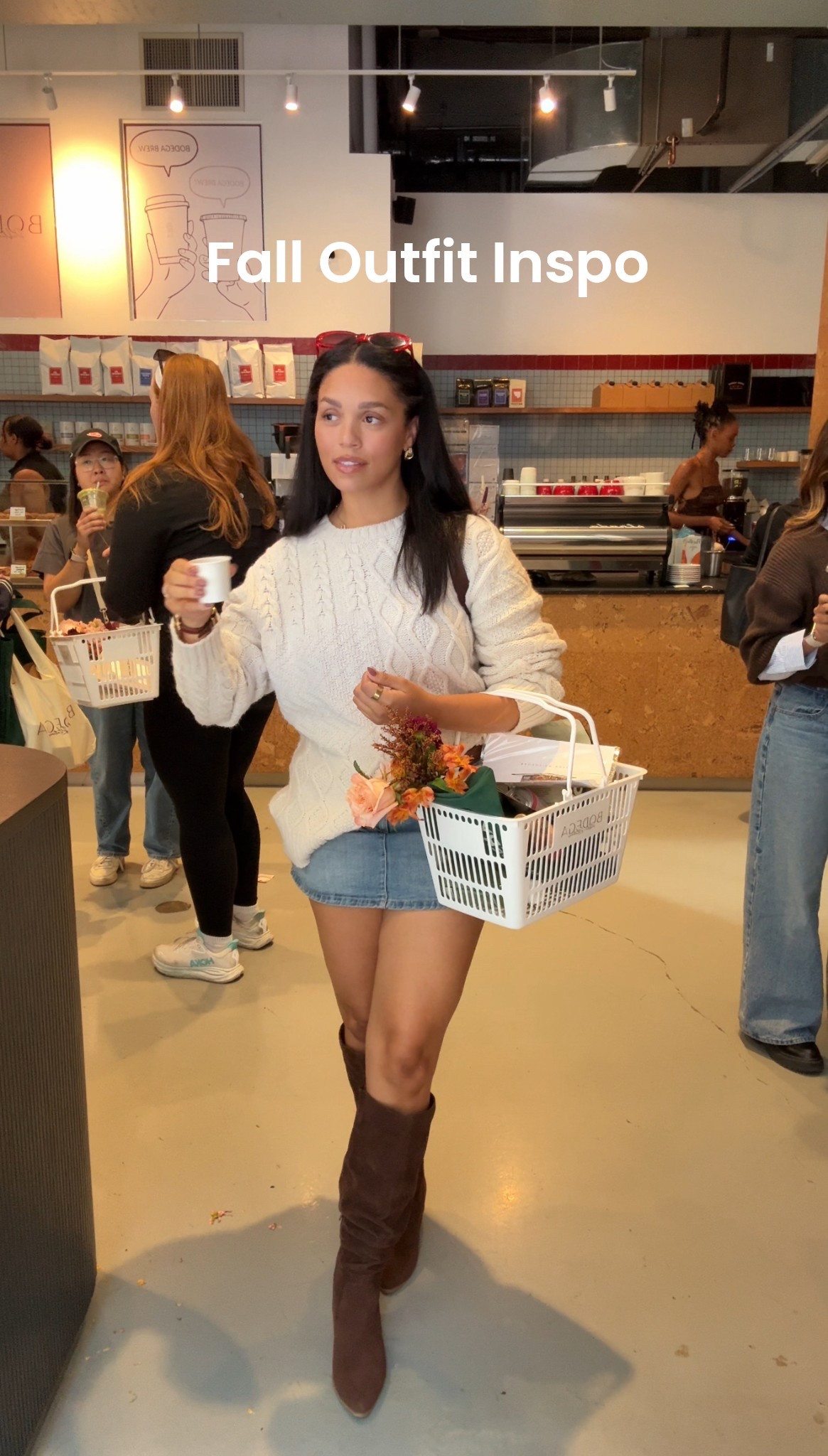 Fall market outfit inspo, denim skort, knee high boots, denim mini skirt, cable knit sweater, 

#LTKcanada