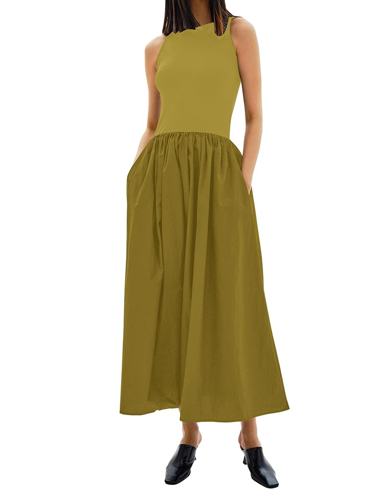 MISSACTIVER Crewneck Sleeveless Maxi Dress for Women Summer Flowy Patchwork Tank Top Long Dresses... | Amazon (US)