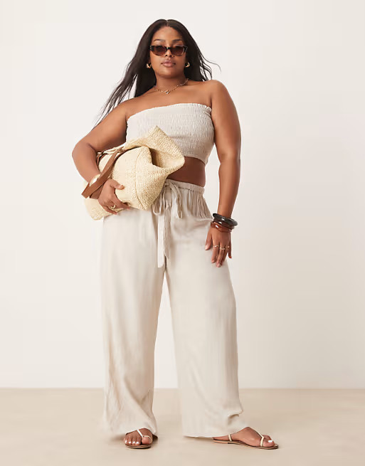ASOS DESIGN Curve Isabel mix & match linen blend tie waist beach pants in natural | ASOS (Global)