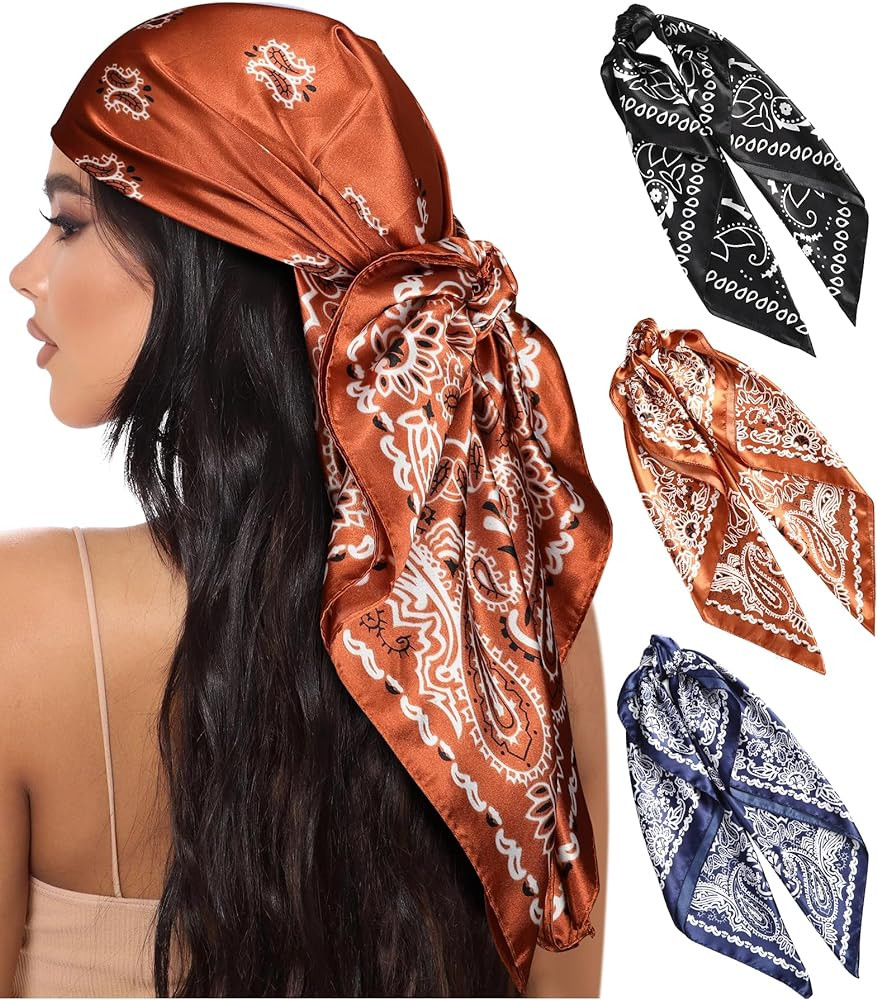 AWAYTR 35” Large Square Satin Head Scarf - 3Pcs Satin Hair Scarves Silk Bandana Scarf Headscarf... | Amazon (US)