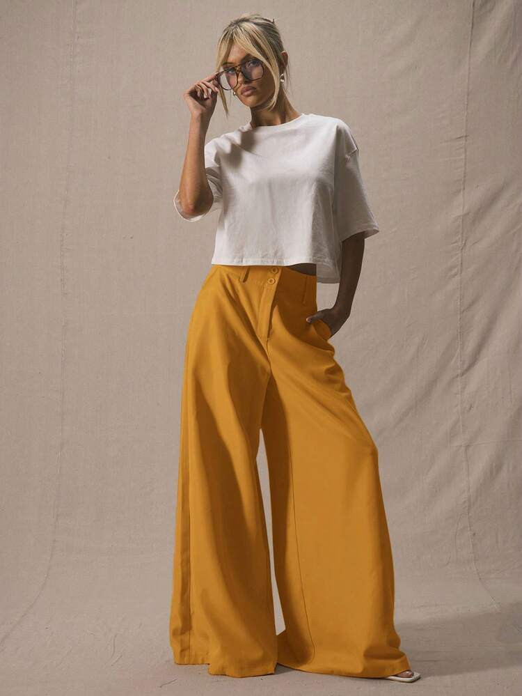 MUSERA Tailored Extreme Wide Leg Trousers Deep Waistband Elegant Professional Business Casual Vac... | SHEIN