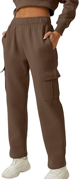 QINSEN Womens Medium Waist Baggy Elastic Waist Sweatpants Casual Fleece Long Pants with Pockets | Amazon (US)