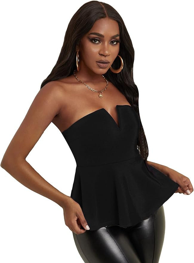 SHENHE Women's Notched Neck Tube Top Sleeveless Peplum Blouse Strapless Party Bandeau Tops | Amazon (US)